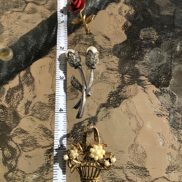 Three Flower Brooches Gold, Silver, Red, Pearl - Picture 8 of 8